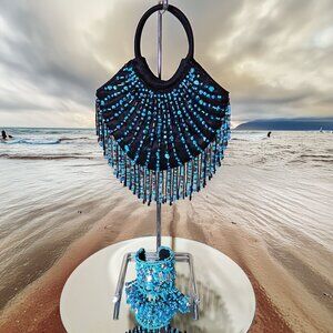 Turquoise Satin Handbag Turquoise Beads - Fringe AND Cuff Turquoise Bracelet